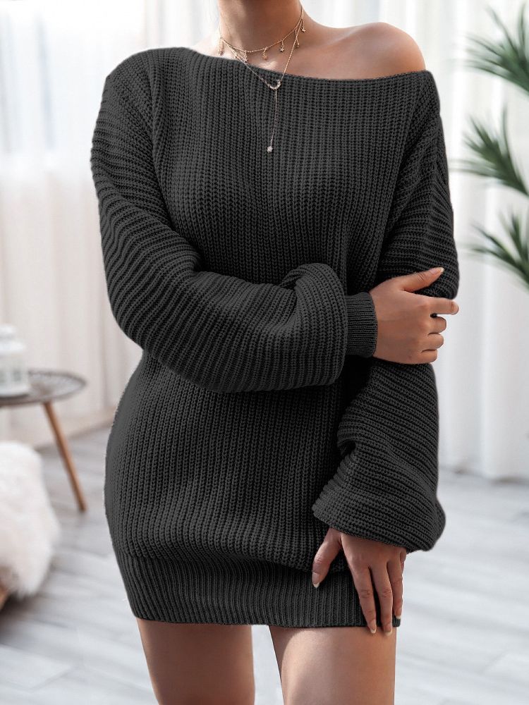 Lantern Sleeve Knitted Sweater Dress