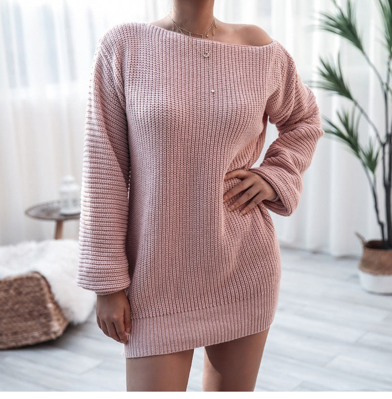 Lantern Sleeve Knitted Sweater Dress