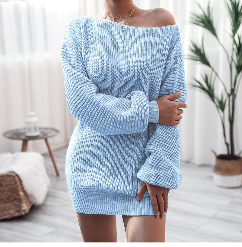 Lantern Sleeve Knitted Sweater Dress